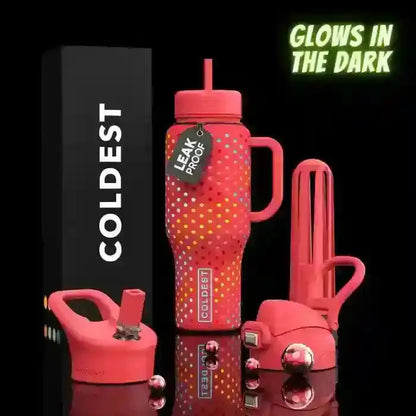 Glow-in-the-dark pink water bottle with leak-proof design, colorful dots, and COLDEST branding