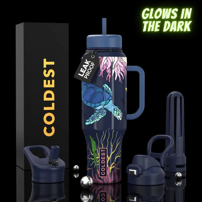 Glow-in-the-dark turtle water bottle with leak-proof lid, handle, and COLDEST branding, ideal for trendy tech and e-girl fashion lovers.