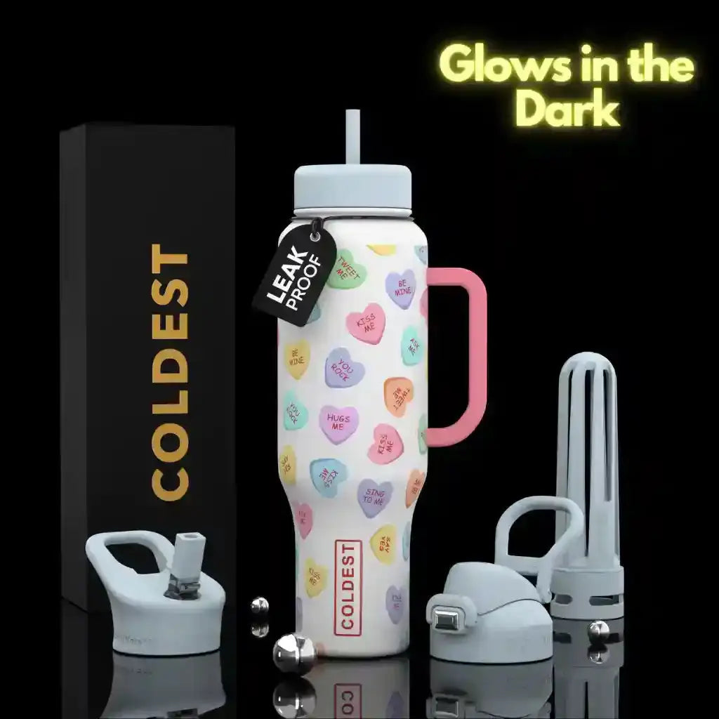 Glow-in-the-dark leak-proof water bottle with candy heart print, pink handle, and COLDEST branding