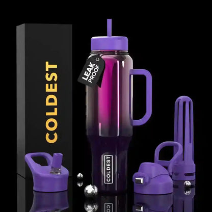Purple gradient leak-proof water bottle with handle, straw lid, and COLDEST branding, ideal for trendy hydration.