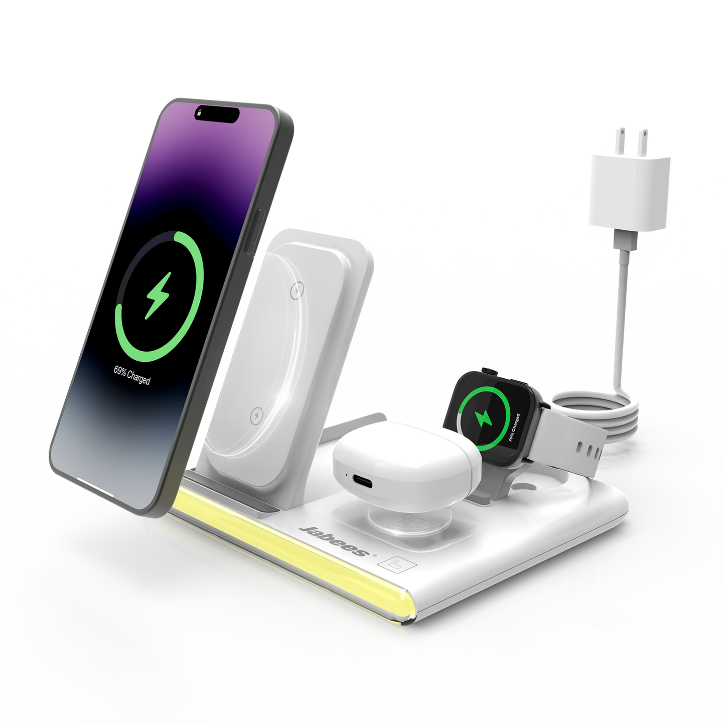 PowerGlow - Jabees PowerGlow 4-In-1 Foldable Wireless Charging Station with LED Night Light DC-Jabees PowerGlow - Jabees PowerGlow 4-In-1 Foldable Wireless Charging Station with LED Night Light Tech  Pixxel Core