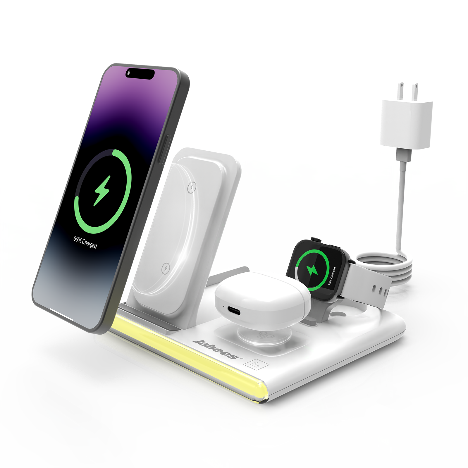 PowerGlow - Jabees PowerGlow 4-In-1 Foldable Wireless Charging Station with LED Night Light DC-Jabees PowerGlow - Jabees PowerGlow 4-In-1 Foldable Wireless Charging Station with LED Night Light Tech  Pixxel Core