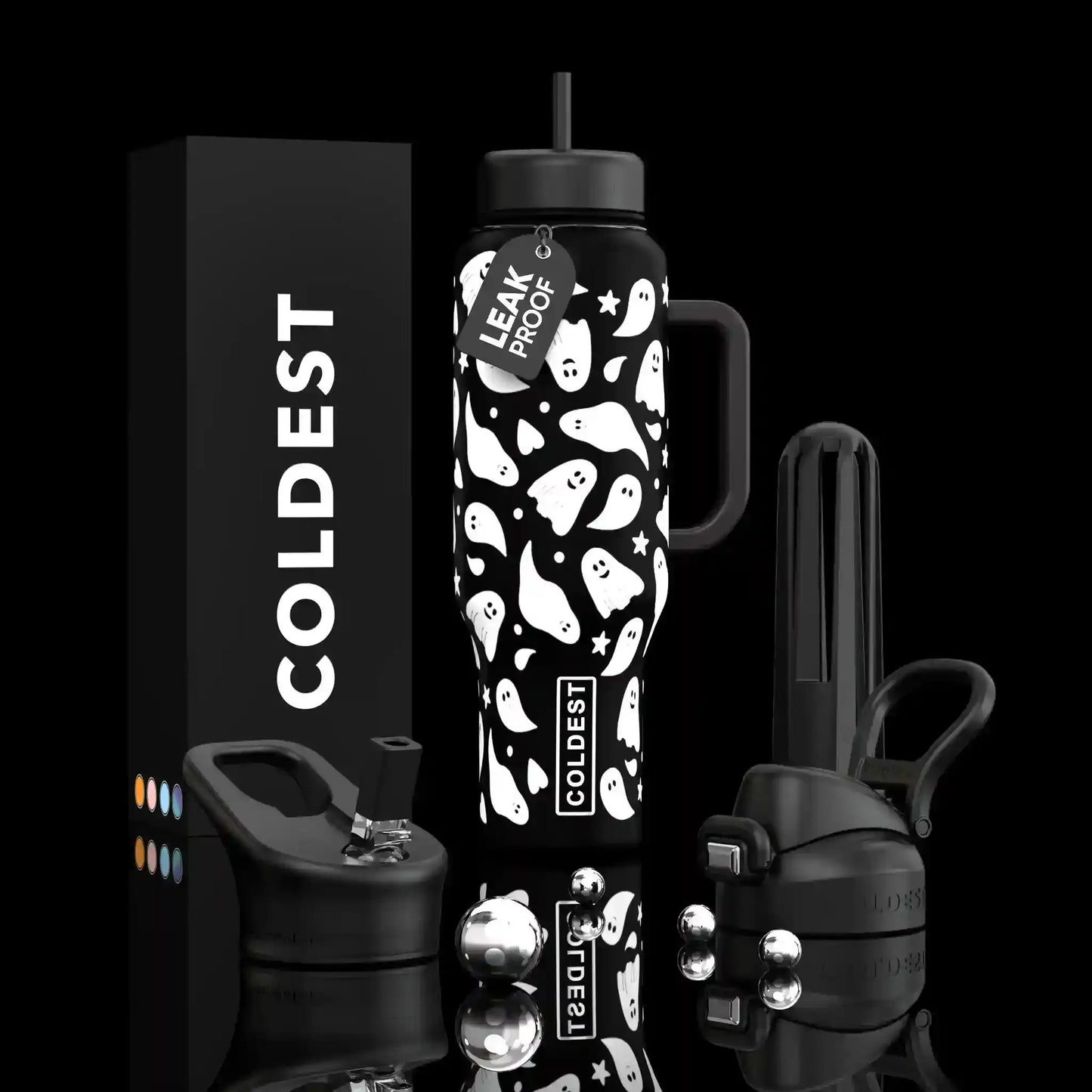 Black ghost-print leakproof water bottle with handle, straw lid, and COLDEST branding, trendy e-girl aesthetic