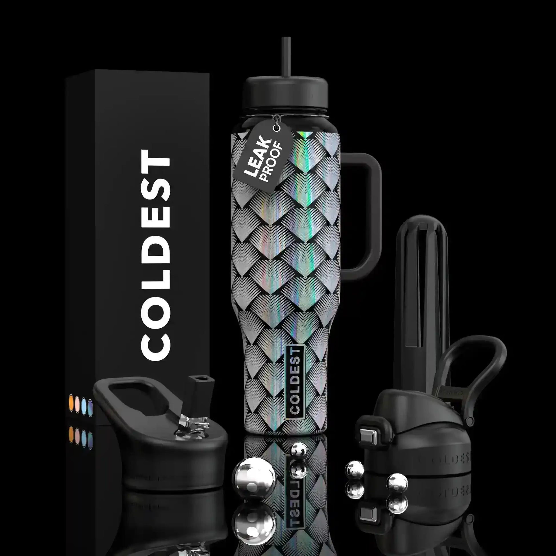 Holographic chevron-patterned leakproof water bottle with black lid, handle, and accessories, next to COLDEST box