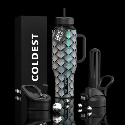 Holographic chevron-patterned leakproof water bottle with black lid, handle, and accessories, next to COLDEST box