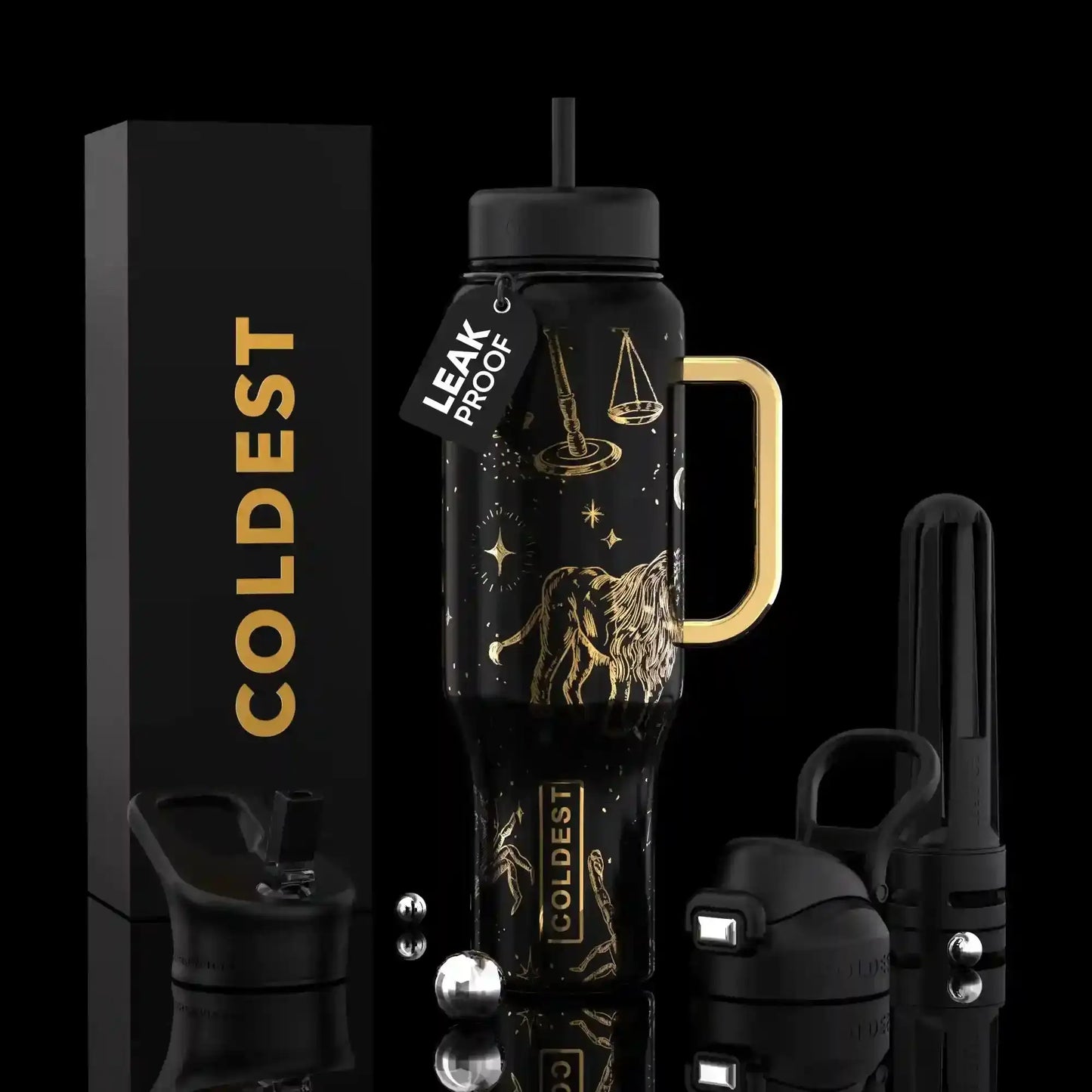 Black and gold leak-proof water bottle with zodiac lion design, gold handle, and COLDEST branding