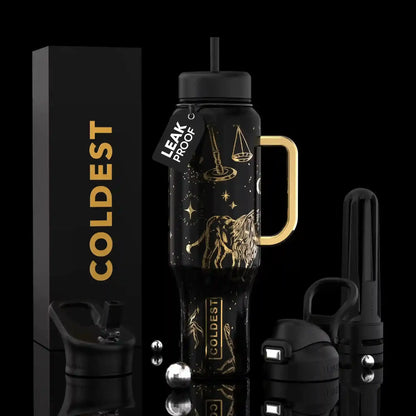 Black and gold leak-proof water bottle with zodiac lion design, gold handle, and COLDEST branding