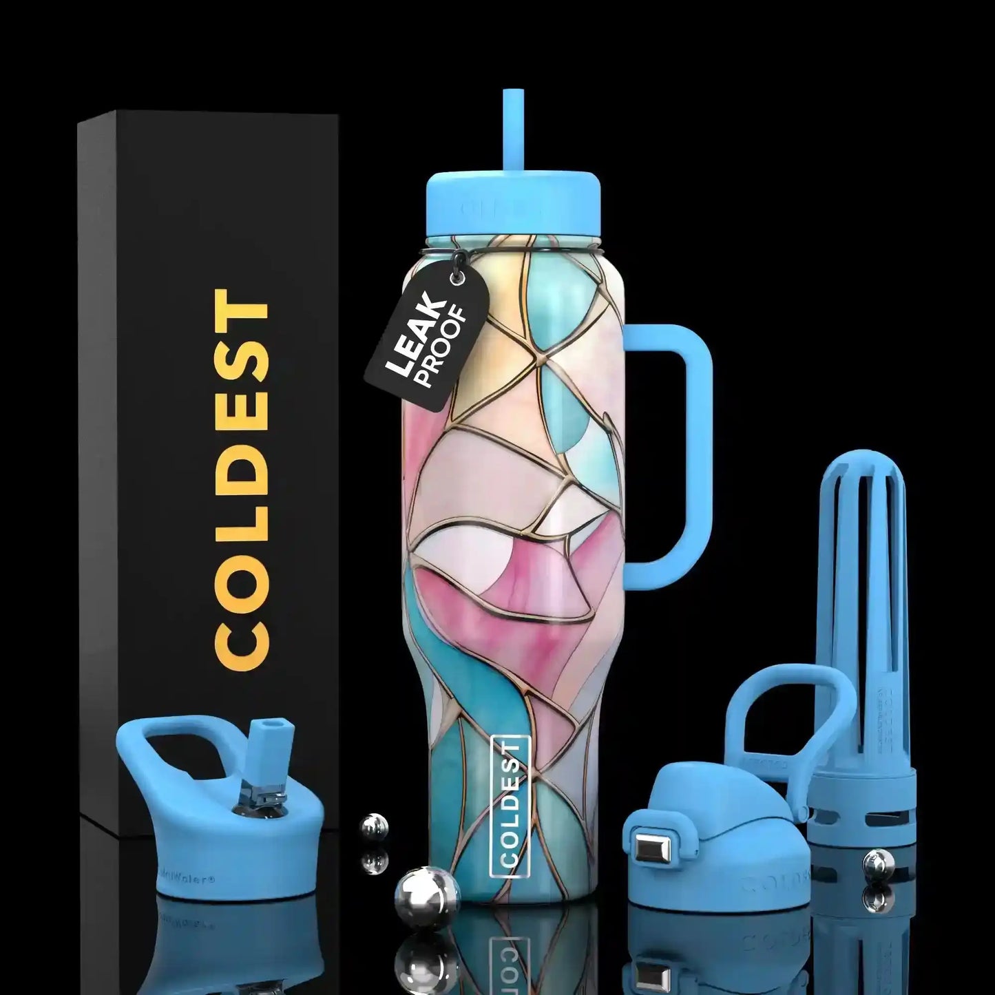 Leak-proof stained glass water bottle with blue lid, handle, and straw, next to COLDEST box and accessories