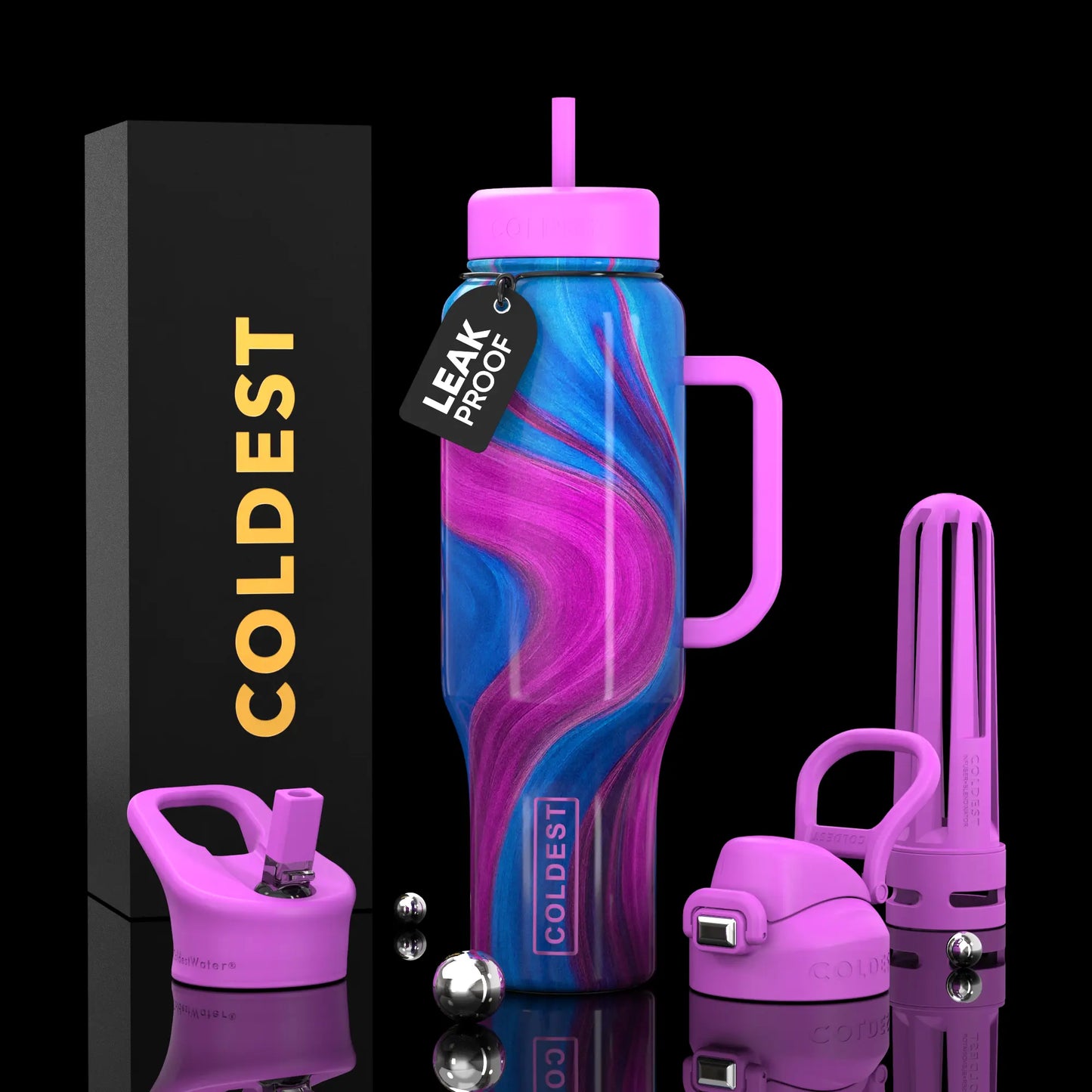 Leak-proof Coldest water bottle with pink handle, blue-pink swirl design, and accessories on black background