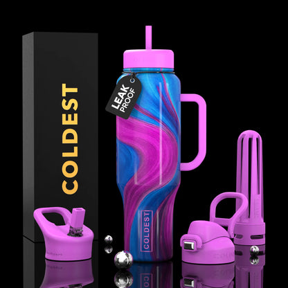 Leak-proof Coldest water bottle with pink handle, blue-pink swirl design, and accessories on black background