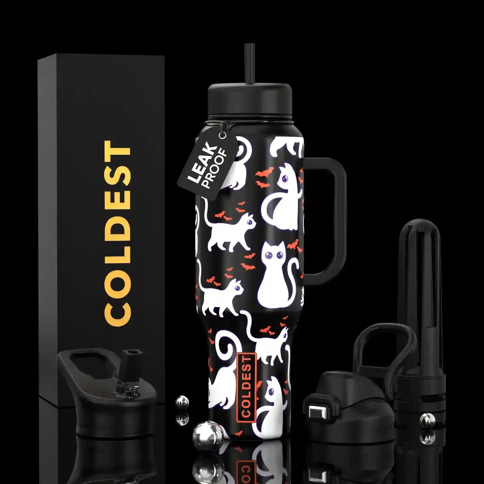 Black leak-proof water bottle with white cats & bats, Halloween design, includes straw & handle, COLDEST branding