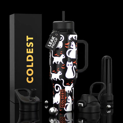 Black leak-proof water bottle with white cats & bats, Halloween design, includes straw & handle, COLDEST branding