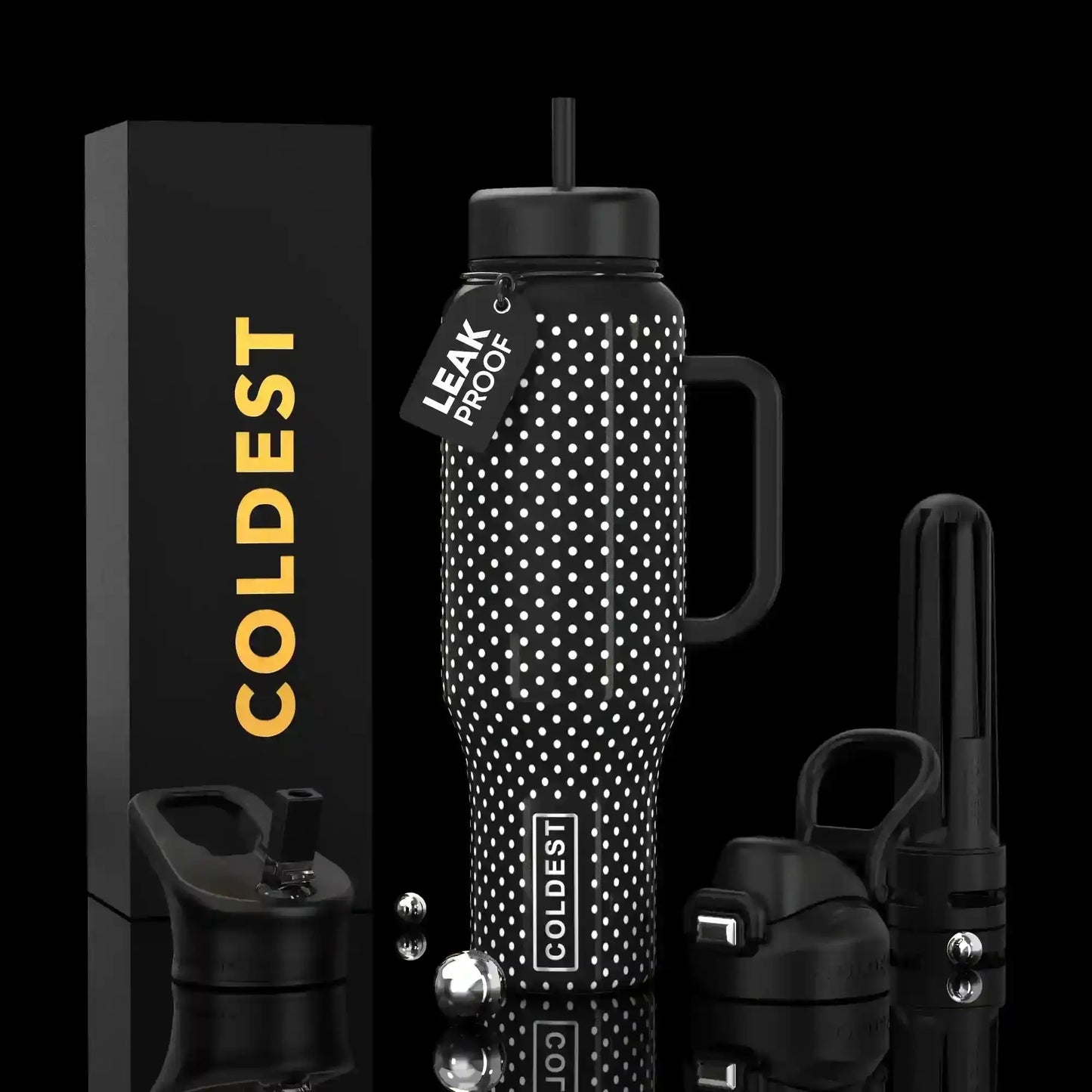 Black polka dot leak proof water bottle with handle, straw lid, and COLDEST branding, ideal for trendy accessories and daily hydration.