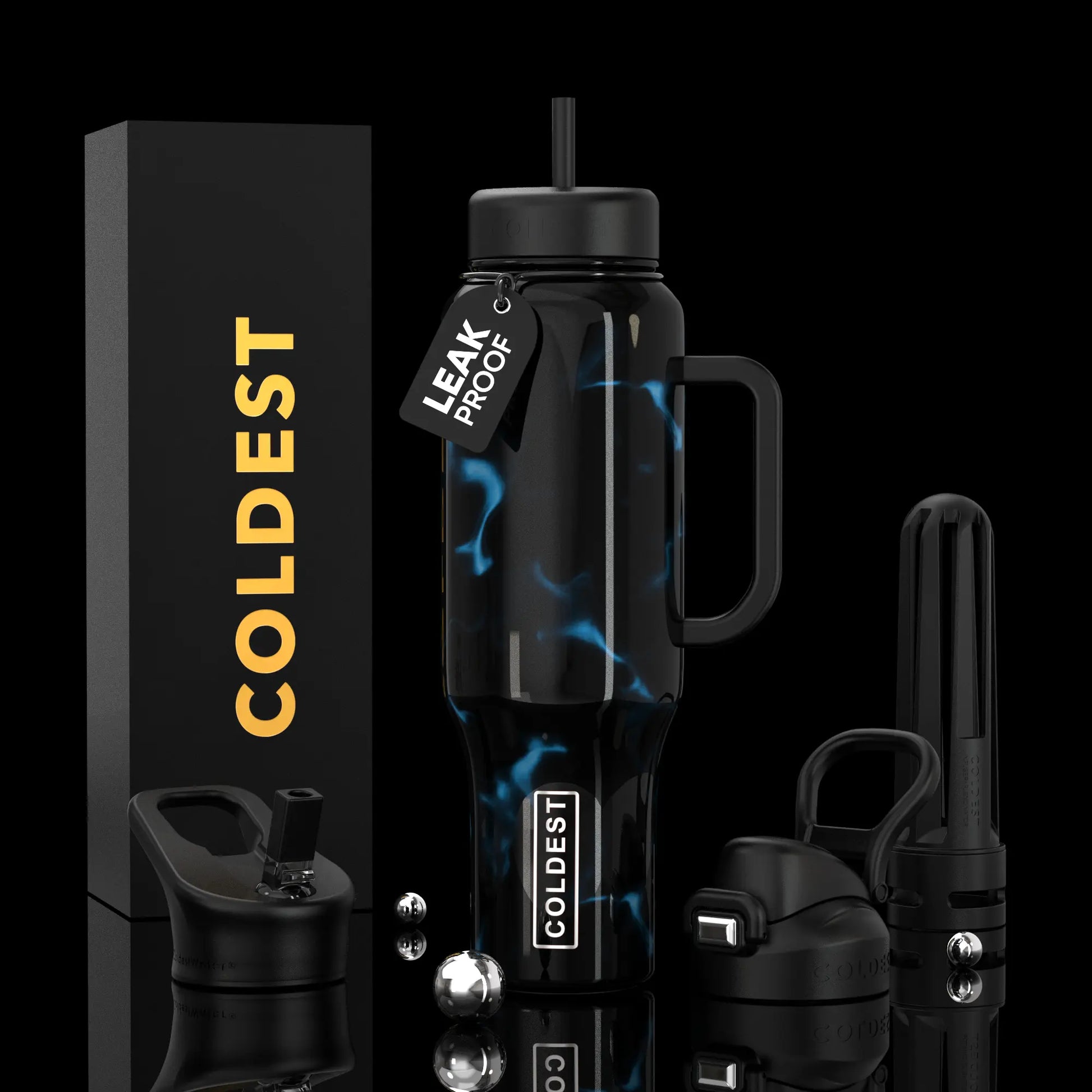 Coldest leak-proof black water bottle with blue swirl design, handle, straw lid, and accessories on black background