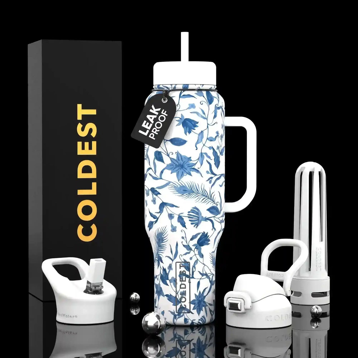Blue floral insulated water bottle with leak-proof lid, handle, and accessories, perfect for trendy hydration.