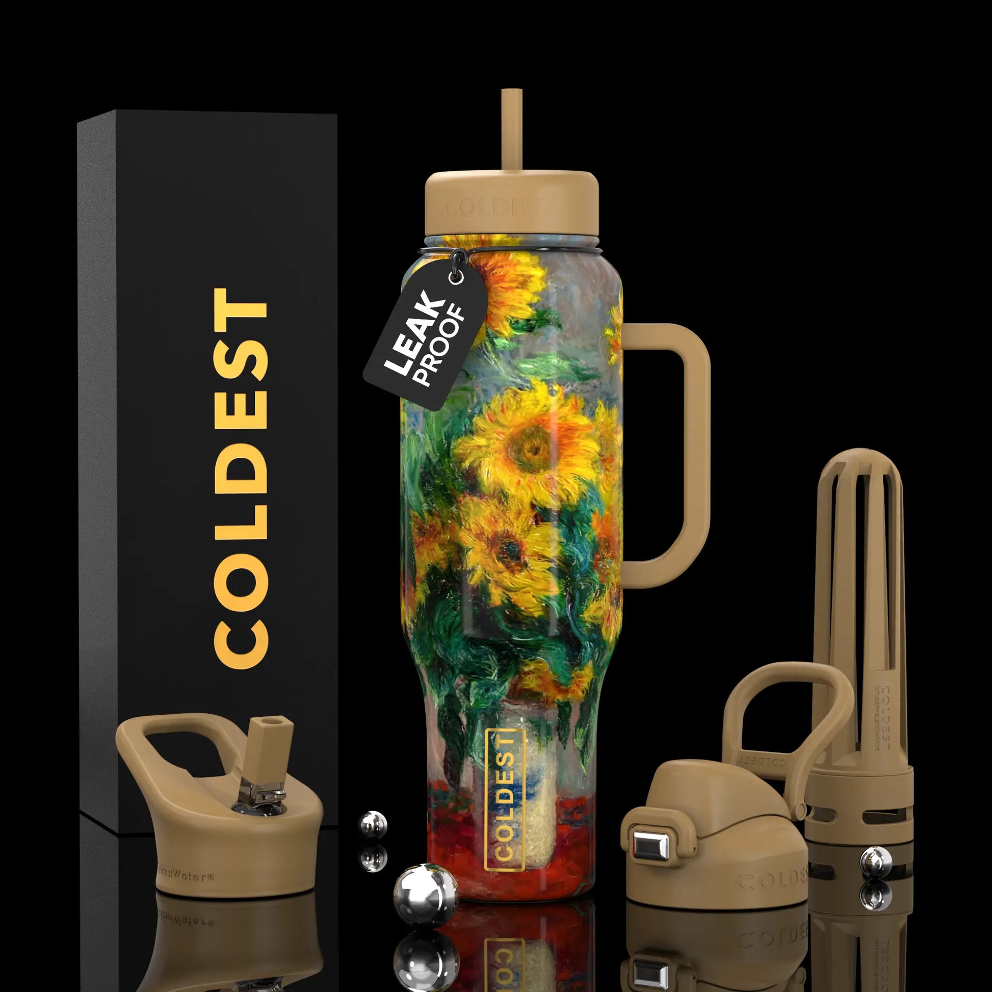 Leak-proof sunflower print water bottle with handle, straw lid, and infuser, branded Coldest
