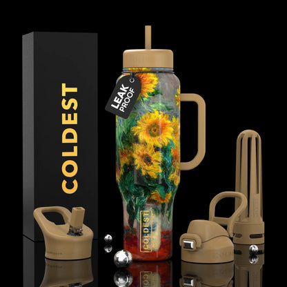 Leak-proof sunflower print water bottle with handle, straw lid, and infuser, branded Coldest