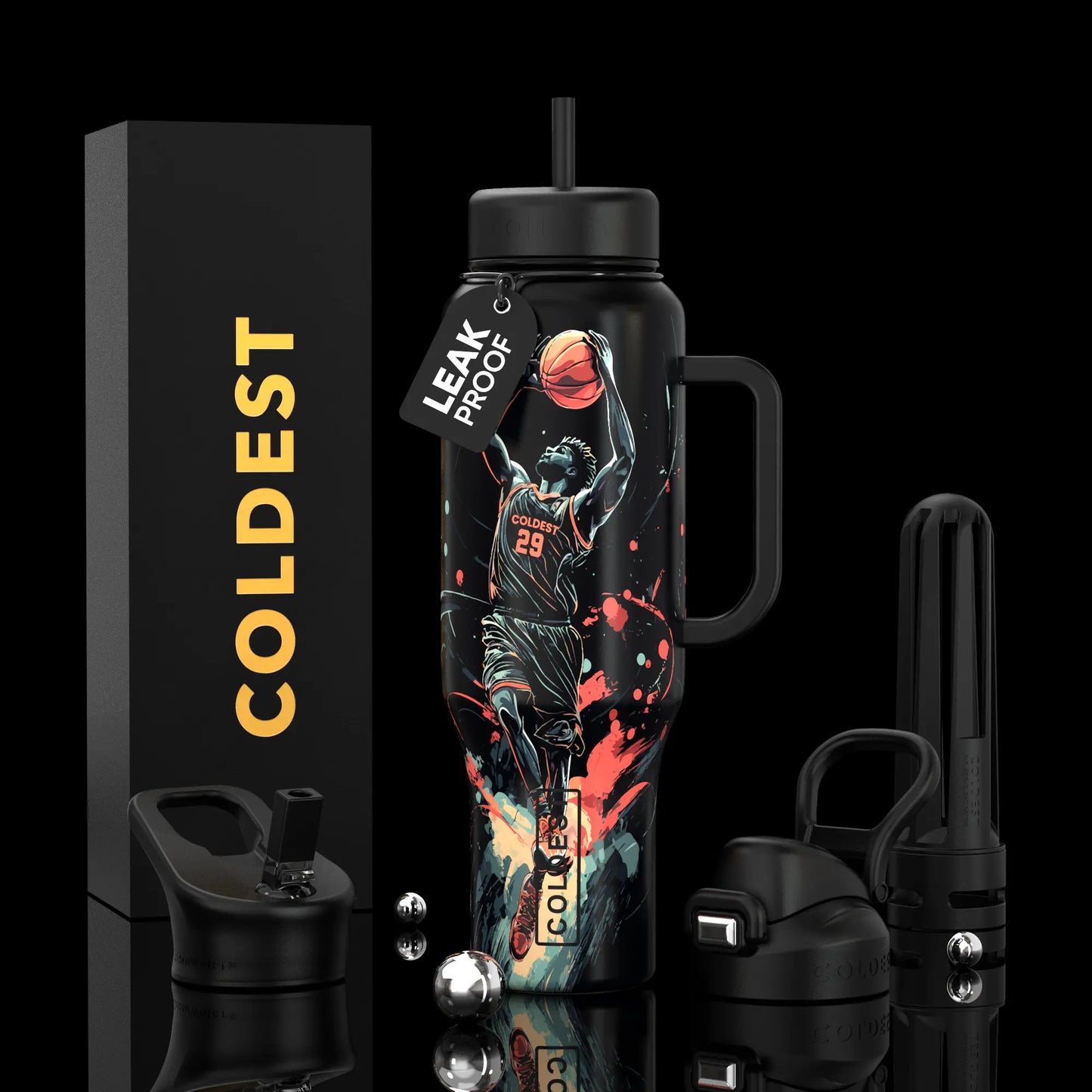 Coldest leak-proof water bottle with basketball player design, black tumbler with straw, handle, and accessories