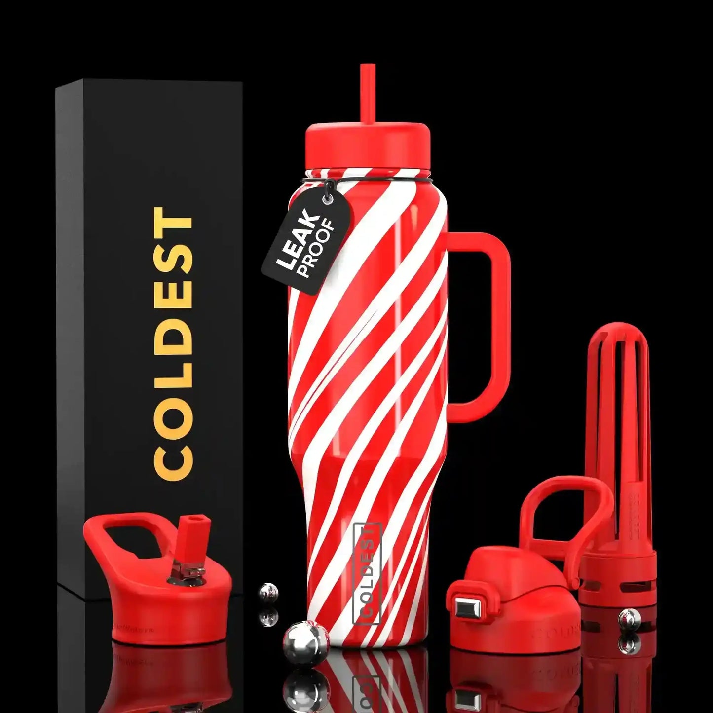 Red and white striped leak-proof water bottle with handle and accessories, styled for trendy hydration.
