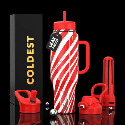 Red and white striped leak-proof water bottle with handle and accessories, styled for trendy hydration.