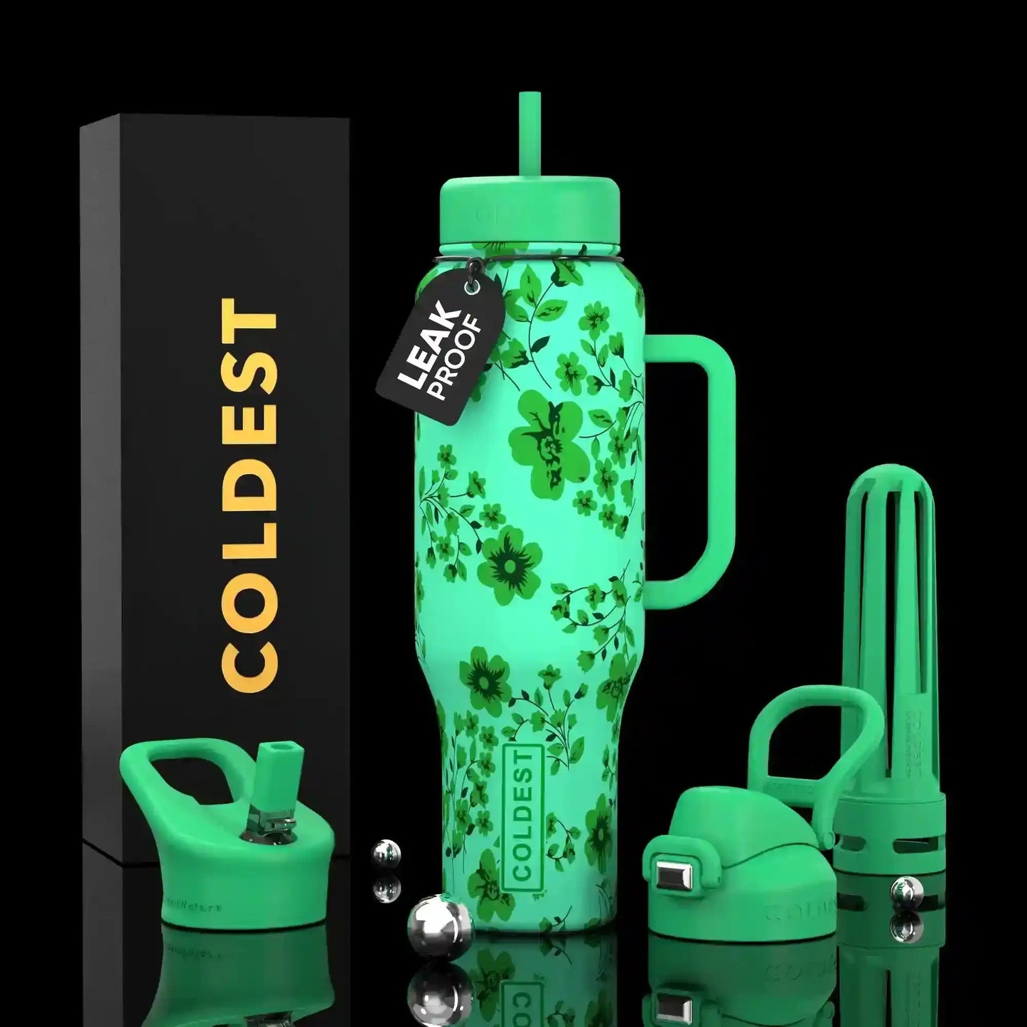 Green floral leak-proof water bottle with handle, straw, and accessories, next to COLDEST box