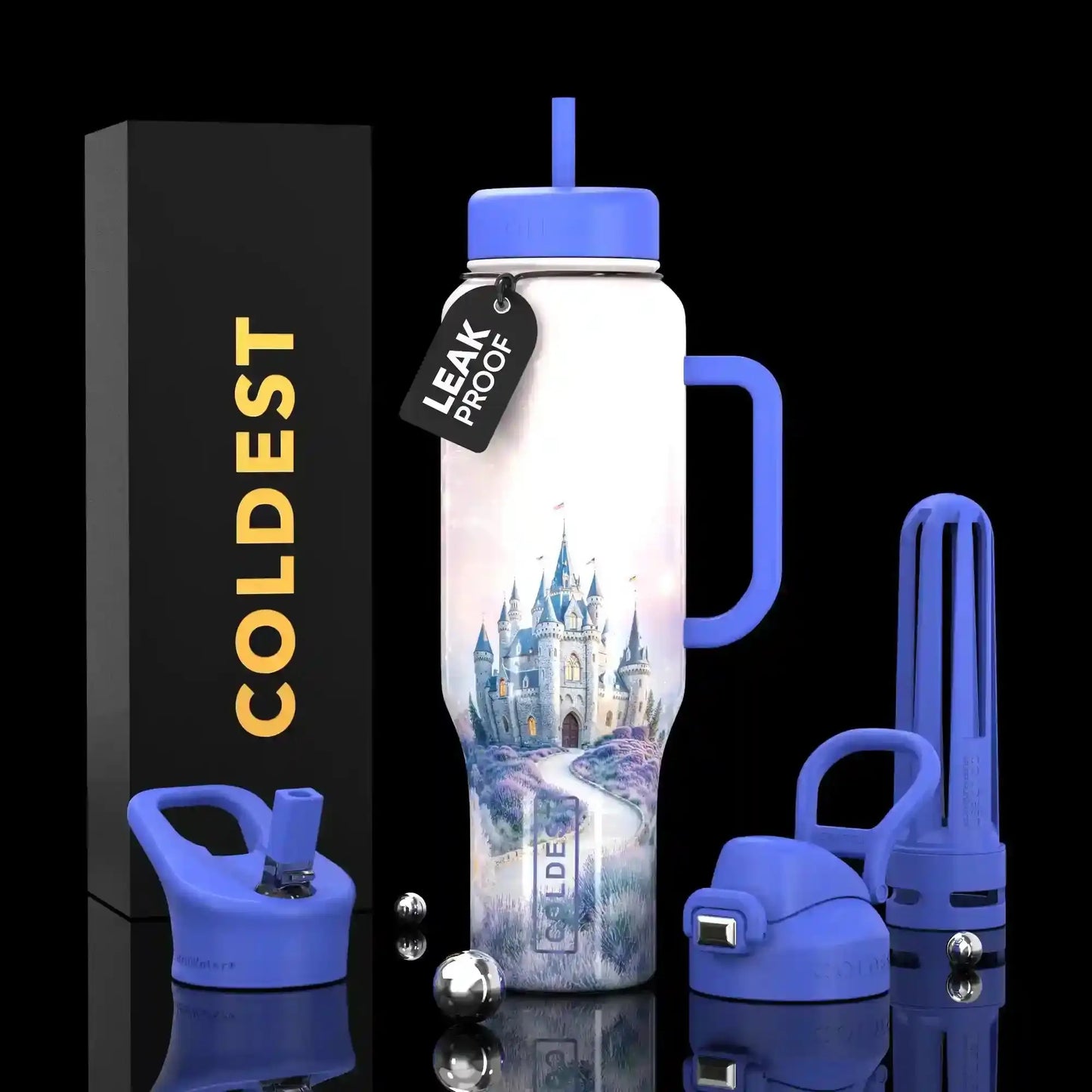 Leak-proof water bottle with castle design, blue handle & straw, COLDEST brand packaging