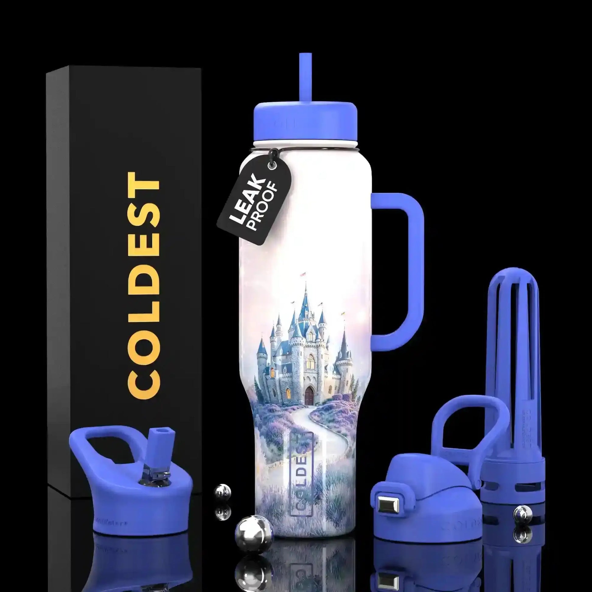 Leak-proof water bottle with castle design, blue handle & straw, COLDEST brand packaging