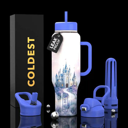 Leak-proof water bottle with castle design, blue handle & straw, COLDEST brand packaging