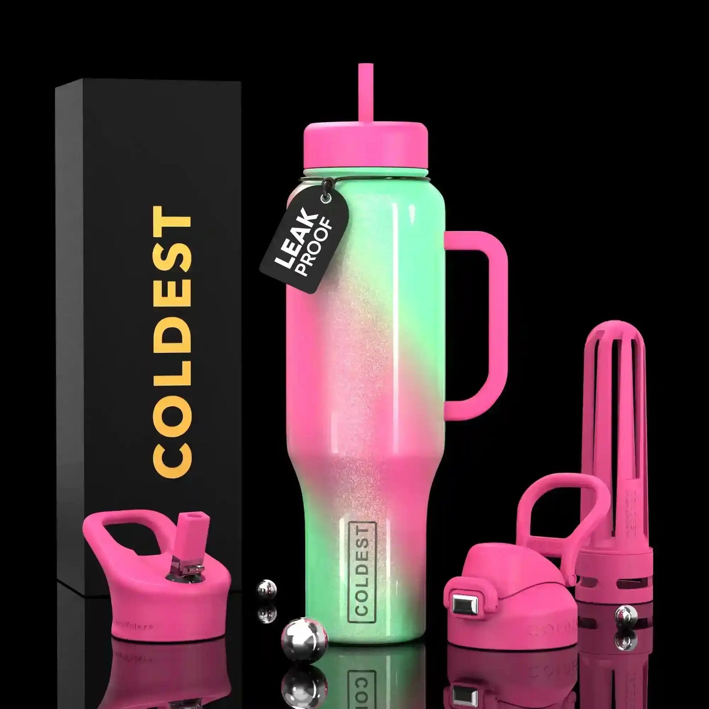 Pink and green gradient leak-proof water bottle with straw, handle, and accessories, next to black COLDEST box