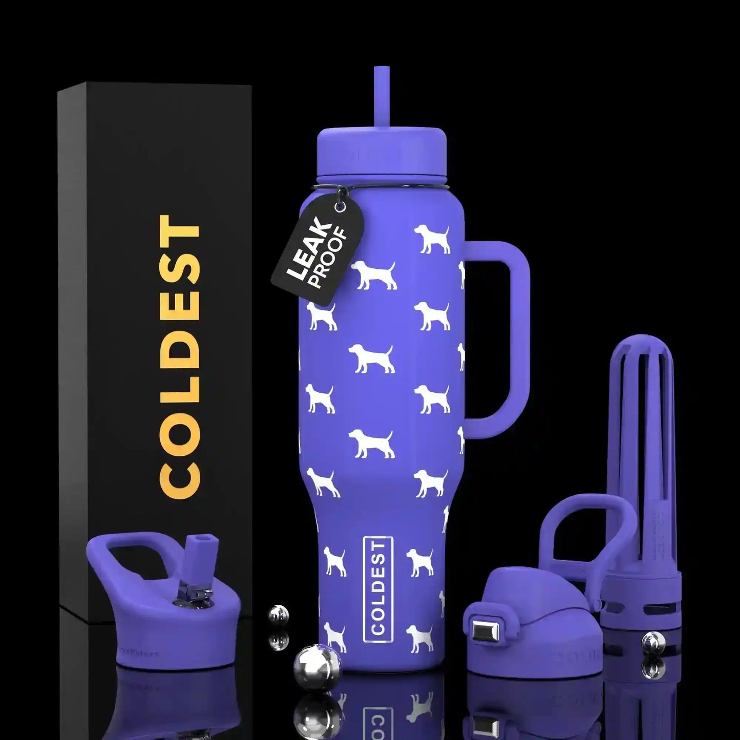 Purple dog-patterned leakproof water bottle with handle, straw, and accessories, next to COLDEST box