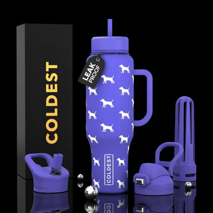 Purple dog-patterned leakproof water bottle with handle, straw, and accessories, next to COLDEST box