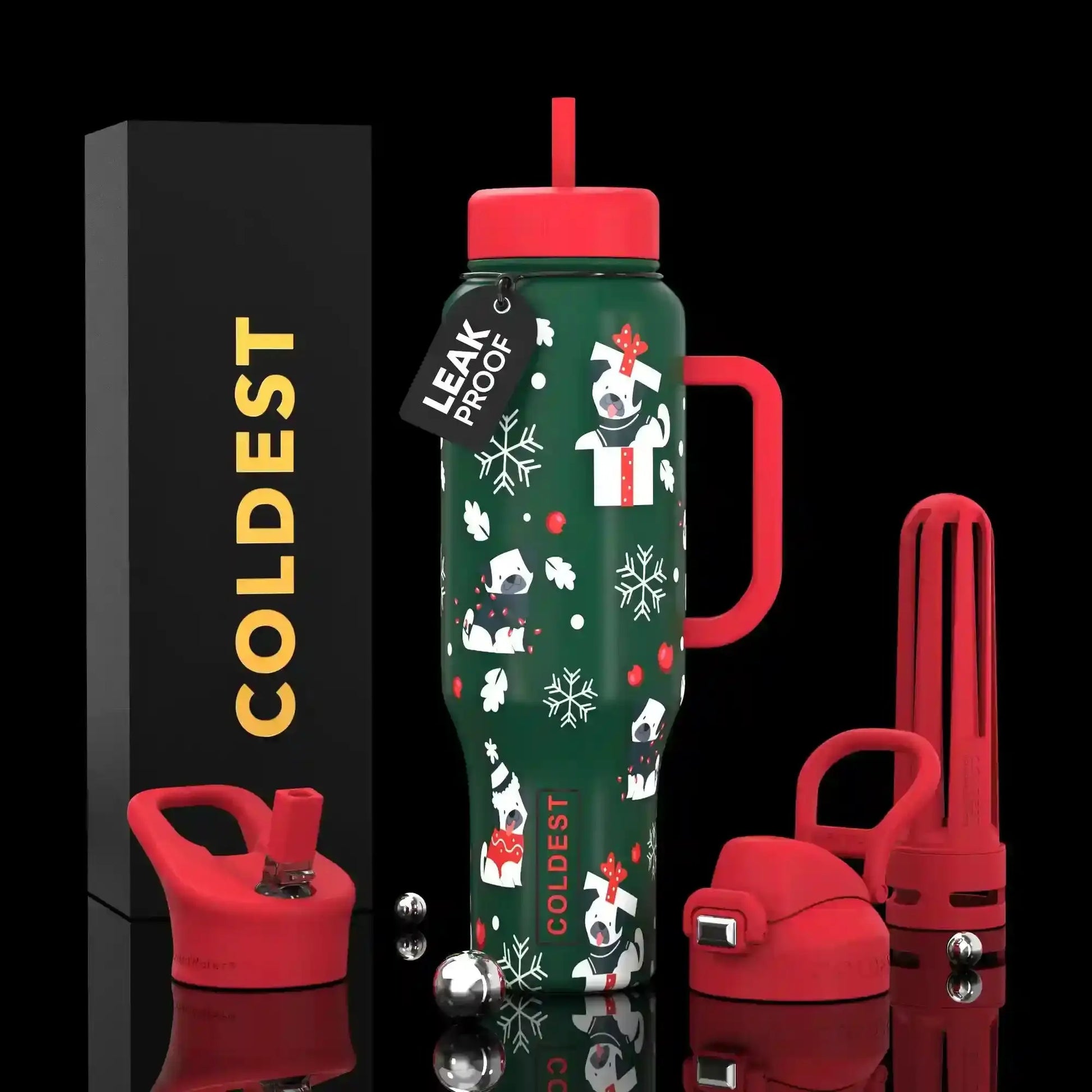 Leak-proof holiday water bottle with festive dog print, red handle & straw, COLDEST brand packaging