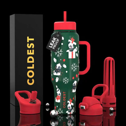 Leak-proof holiday water bottle with festive dog print, red handle & straw, COLDEST brand packaging