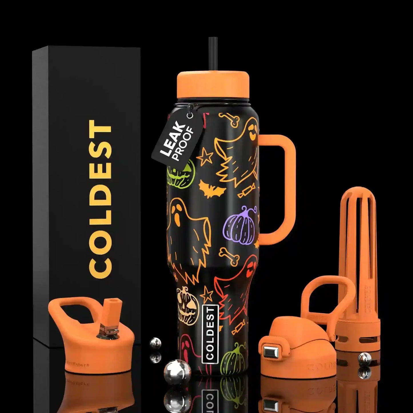 Halloween-themed leak-proof water bottle with ghost & pumpkin print, orange handle, straw lid, and COLDEST branding