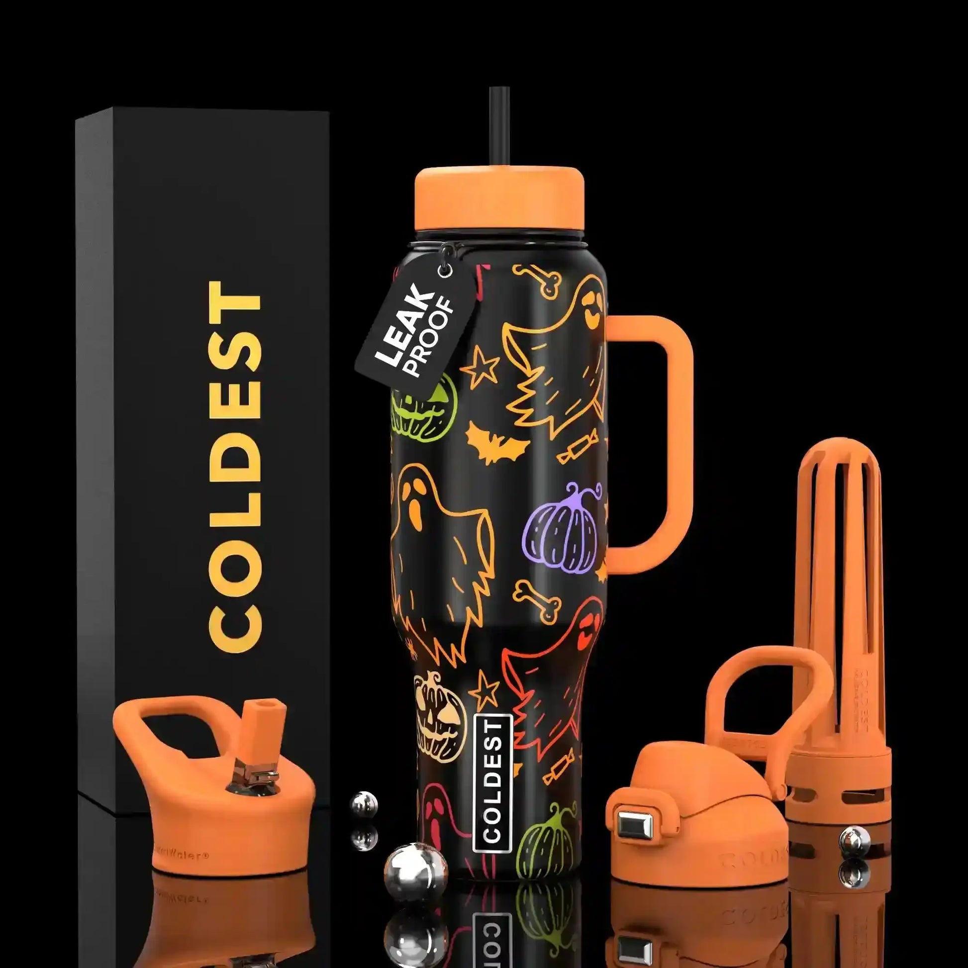 Halloween-themed leak-proof water bottle with ghost & pumpkin print, orange handle, straw lid, and COLDEST branding