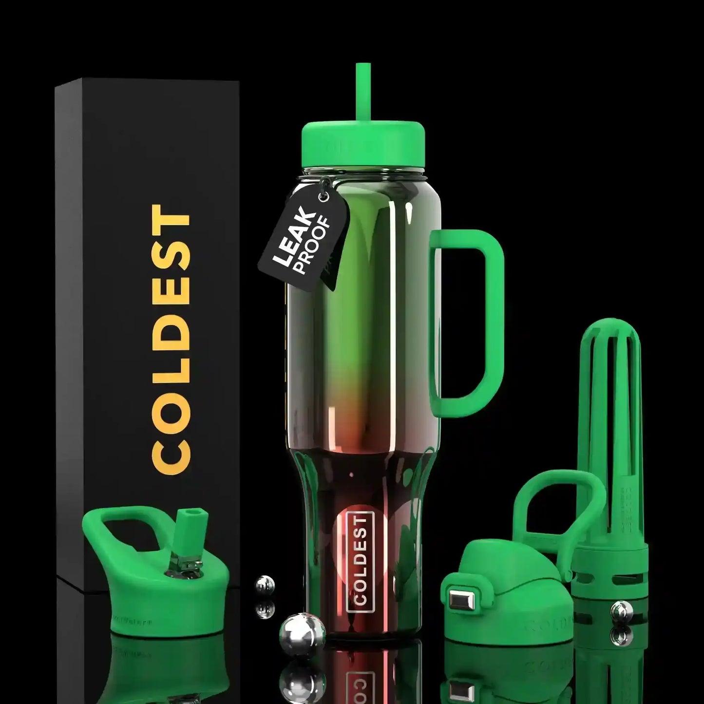 Coldest leak-proof water bottle with green lid, handle, and straw, shown with packaging and accessories on black background.