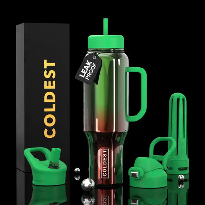 Coldest leak-proof water bottle with green lid, handle, and straw, shown with packaging and accessories on black background.