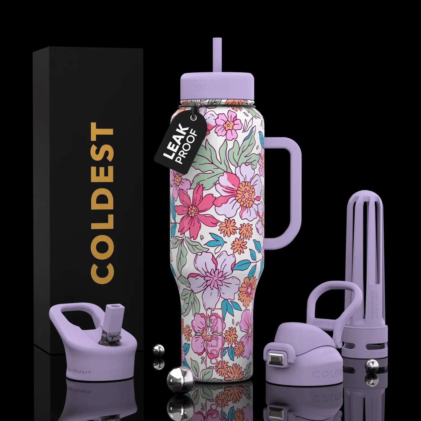 Floral print leak-proof water bottle with purple lid, handle, and accessories, next to branded box