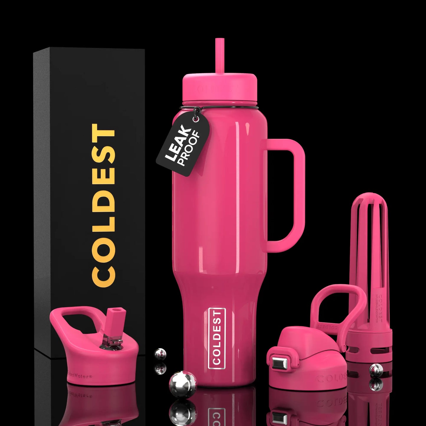 Vibrant pink leak-proof water bottle with straw, handle, and infuser, plus matching accessories and black packaging.