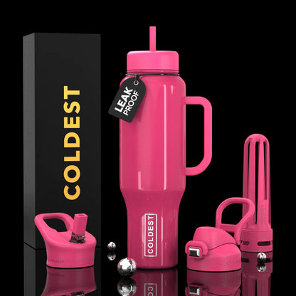 Vibrant pink leak-proof water bottle with straw, handle, and infuser, plus matching accessories and black packaging.