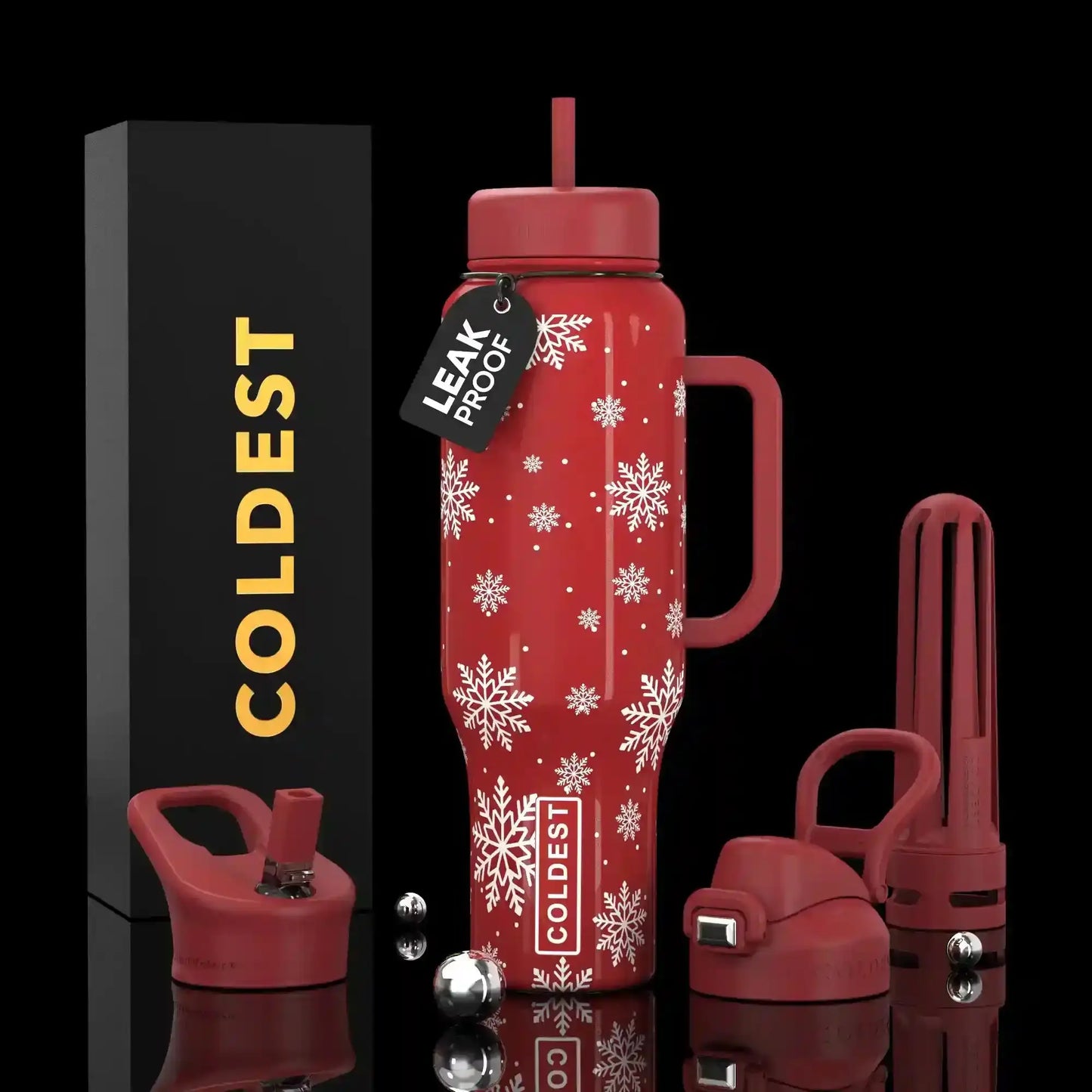 Red snowflake-patterned leak-proof water bottle with handle and accessories