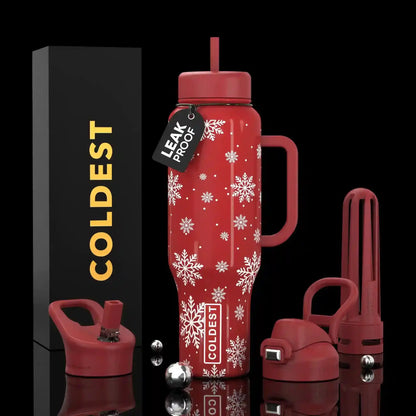 Red snowflake-patterned leak-proof water bottle with handle and accessories