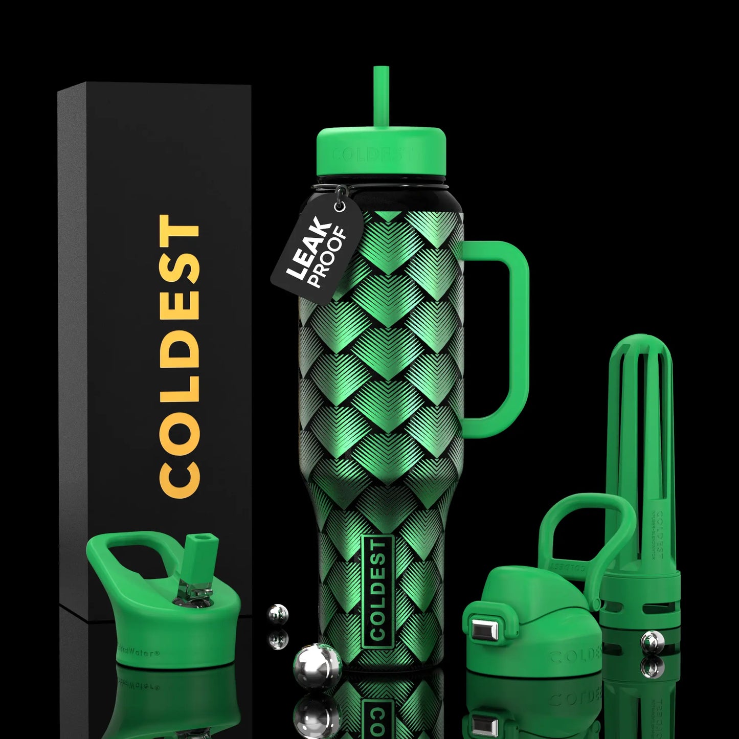 Green COLDEST leak-proof water bottle with geometric pattern, handle, straw lid, and accessories on black background
