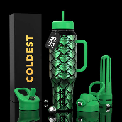 Green COLDEST leak-proof water bottle with geometric pattern, handle, straw lid, and accessories on black background