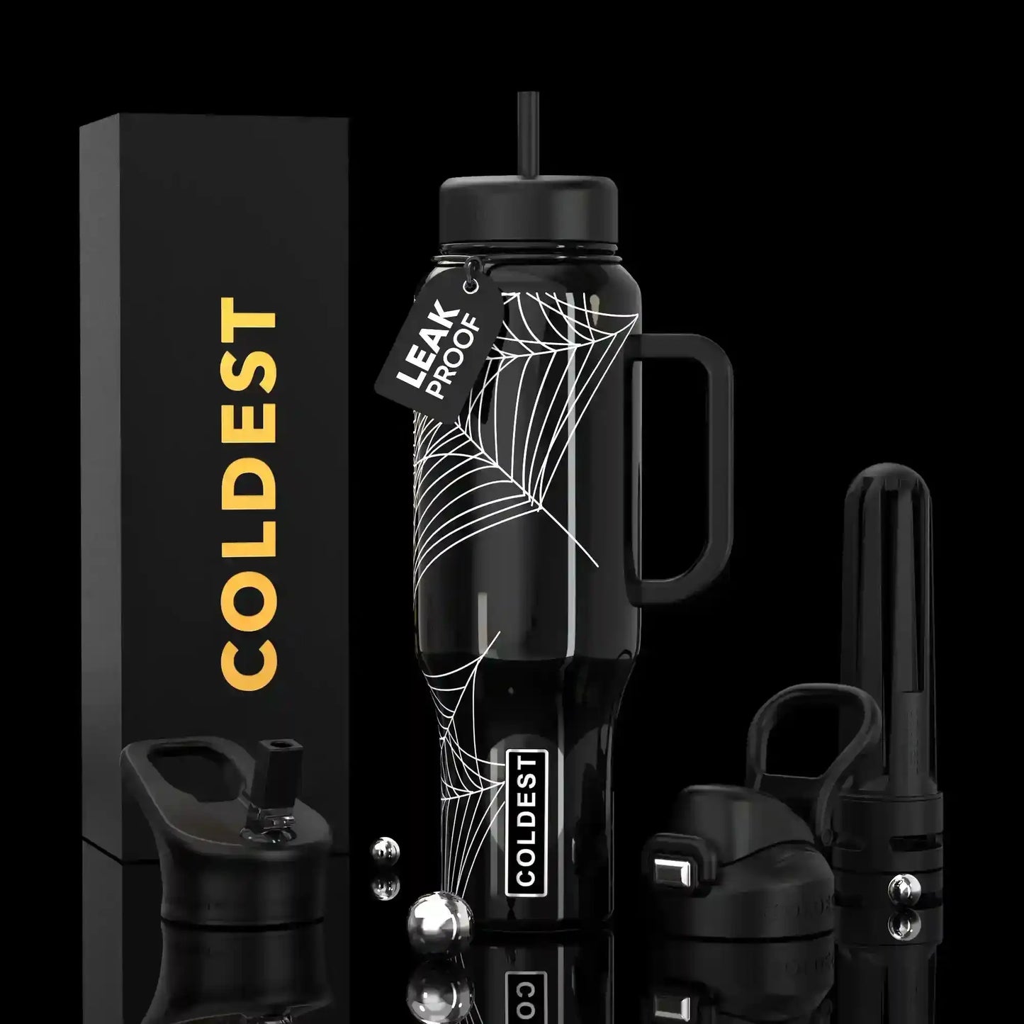 Black spiderweb water bottle with leak-proof lid, handle, and straw, styled with COLDEST branding and accessories.