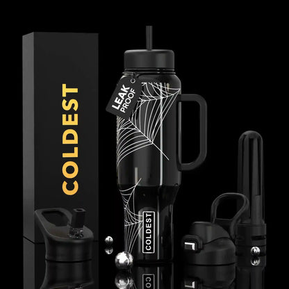 Black spiderweb water bottle with leak-proof lid, handle, and straw, styled with COLDEST branding and accessories.