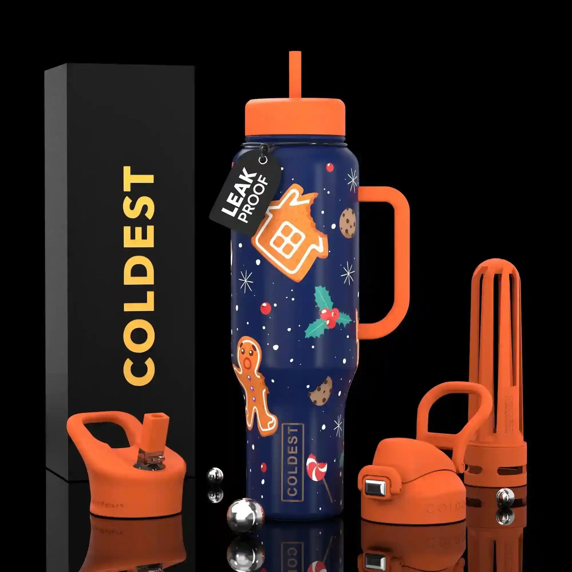 Festive blue water bottle with gingerbread design, orange handle, leak-proof tag, and holiday accessories