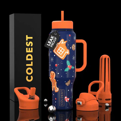Festive blue water bottle with gingerbread design, orange handle, leak-proof tag, and holiday accessories