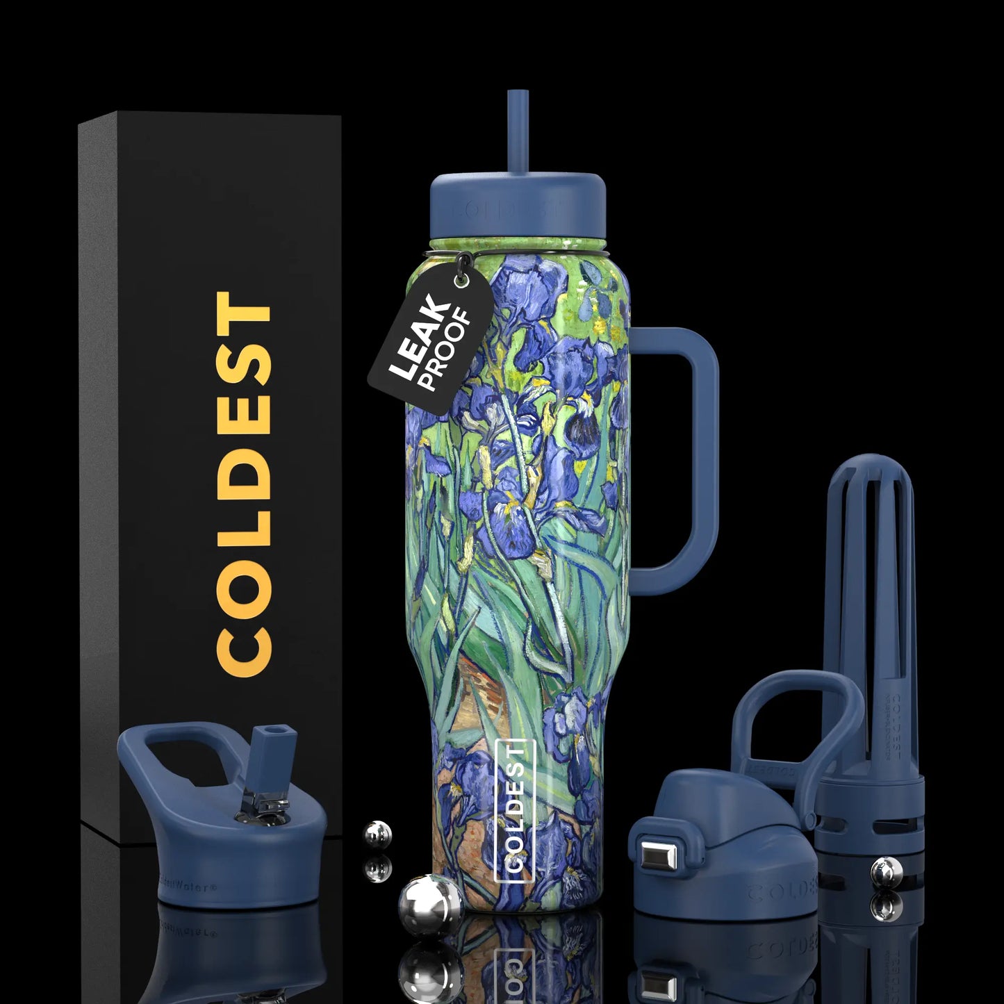 Leak-proof floral water bottle with handle, straw lid, and infuser, shown with packaging and accessories