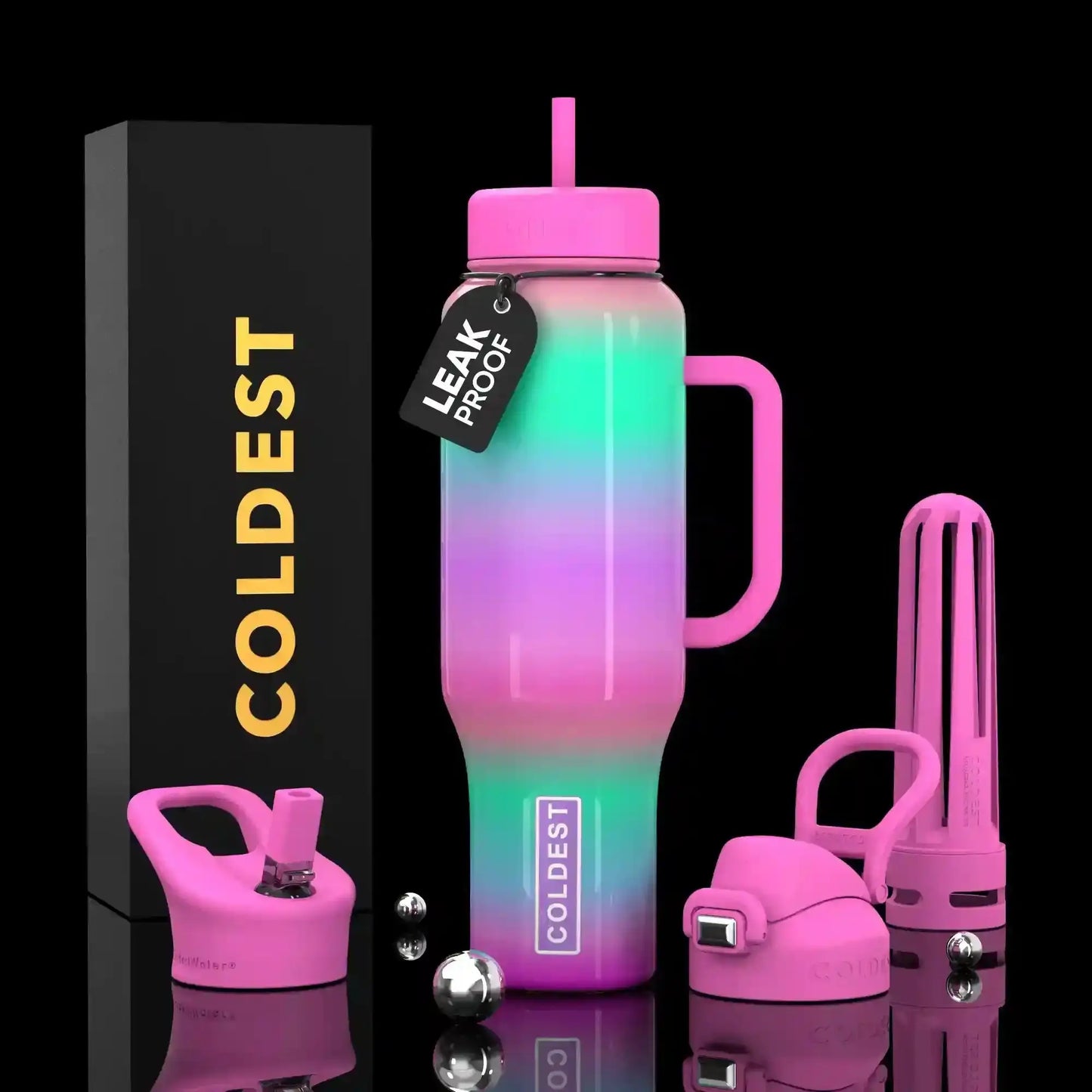 Leak-proof iridescent water bottle with pink handle and straw, COLDEST branded, trendy e-girl aesthetic